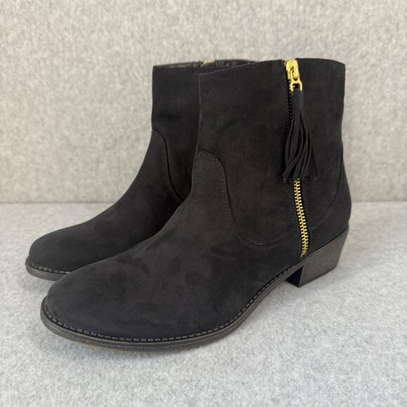 Diba Womens Size 7.5 Black Ankle Boots Booties Gold Side Zipper Low Heel NEW - Picture 1 of 16
